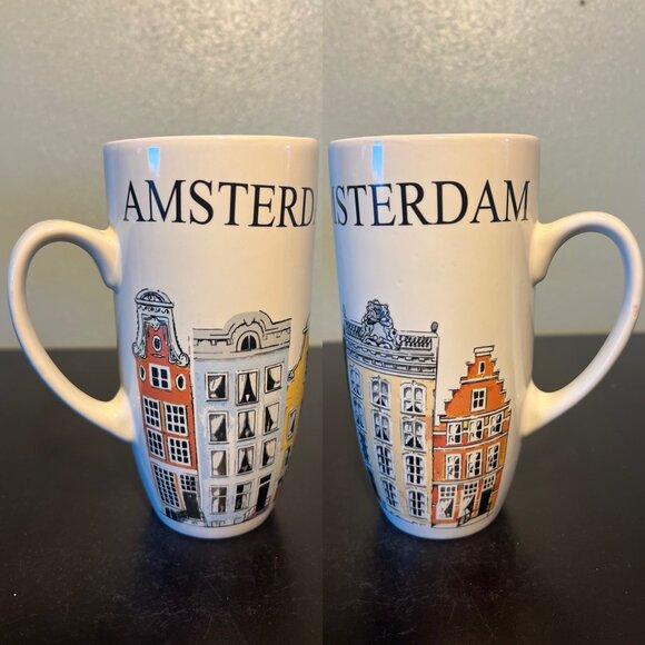 Vtg Amsterdam ALL DUTCH Hand Decorated Tall Mug Cup w/ Row Houses ~ Netherlands - Picture 1 of 11